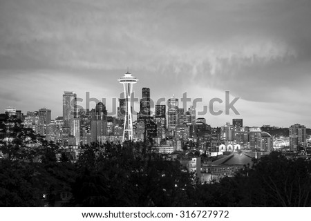 Seattle skyline panorama at sunset as seen from Kerry Park, Seattle USA