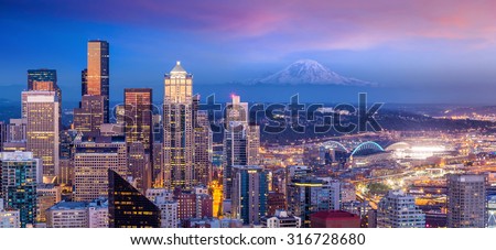 Seattle skyline panorama at sunset as seen from Space Needle Tower, Seattle USA