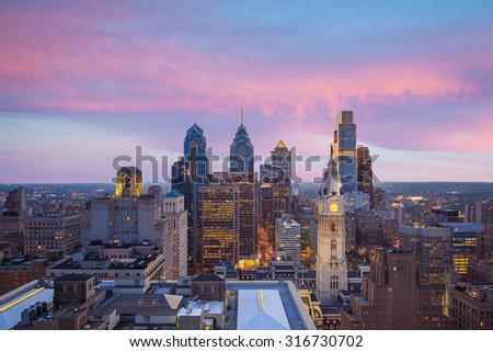Skyline of downtown Philadelphia at sunset in USA