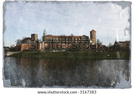 Old colored postcard of castle on river in Krakow