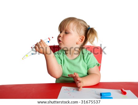 drawing little girl sitting near red table