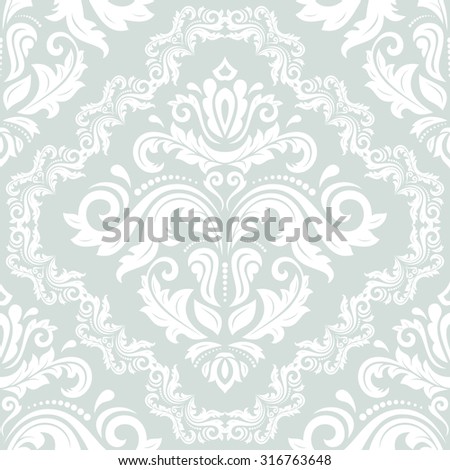 Damask seamless ornament. Fine  traditional oriental pattern. Light blue and white colors