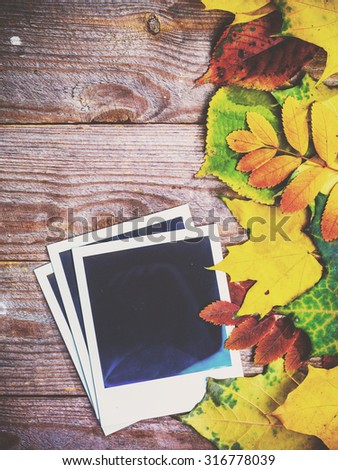 Autumn background with colorful leaves on rustic wooden board. Creating fall season memories with retro photo cards of photo frames. Thanksgiving and Halloween holidays concept. Copyspace