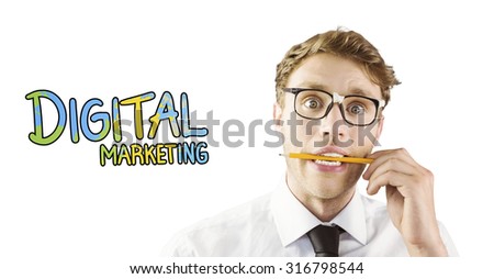 Geeky businessman biting a pencil against digital marketing
