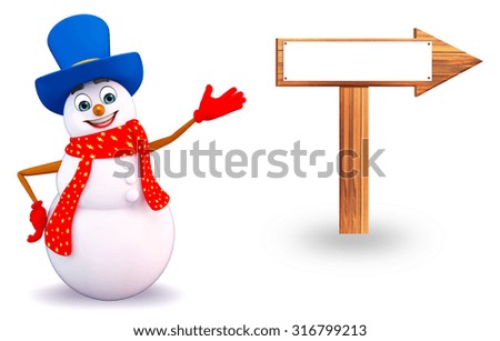 3d rendered illustration of snowman with arrow sign