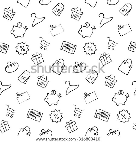 Shopping seamless pattern, vector background in thin line style