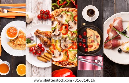 Food collage from photos of different breakfast Royalty-Free Stock Photo #316814816
