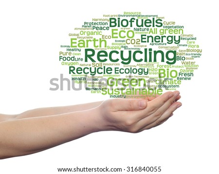 Concept or conceptual abstract green ecology, conservation word cloud text man hand on white background for environment, recycle, earth, clean, alternative, protection, energy, eco friendly or bio