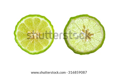 The lime slice on  the white background