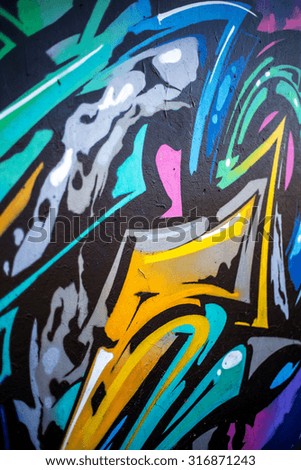 Beautiful street art of graffiti. Abstract color creative drawing fashion on walls of city. Urban contemporary culture. The original dot pattern with selective focus in future. Creative design option