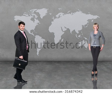 two business people team with world map. Elements of this image furnished by NASA