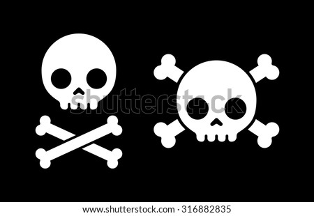 Simple cartoon skull and crossbones icon, two variants. Halloween design element or classic "Jolly Roger" pirate flag.