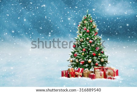 Beautiful decorated christmas tree with present boxes in a winter landscape with snow