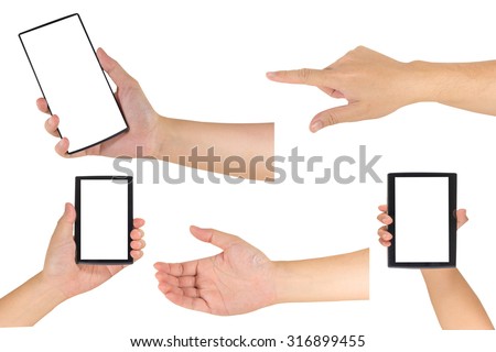image of male adult and kids  hand is holding a modern touch screen smart phone.(use pen tools of Photoshop for isolated image on white background)