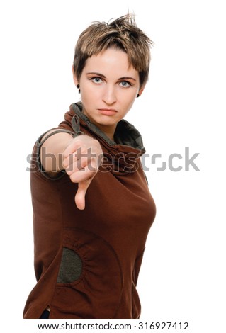 woman giving thumbs down gesture. negative sign. Isolated on white