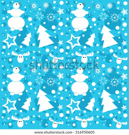 winter pattern with snowflakes, snowman and elk. Christmas and New Year funny ornament.

