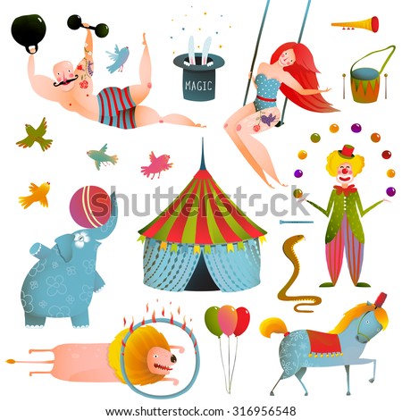 Circus Carnival Show Clip Art Vintage Collection. Fun and cute performance with animals, clown, strong man and horse set. Vector illustration.