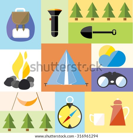 Colorful icons with camping equipment
