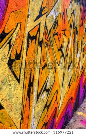 Beautiful street art of graffiti. Abstract color creative drawing fashion on walls of city. Urban contemporary culture. The original dot pattern with selective focus in future. Creative design option