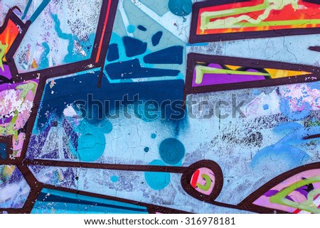 Beautiful street art of graffiti. Abstract color creative drawing fashion on walls of  city. Urban contemporary culture. The original dot pattern with selective focus in future. Creative design option