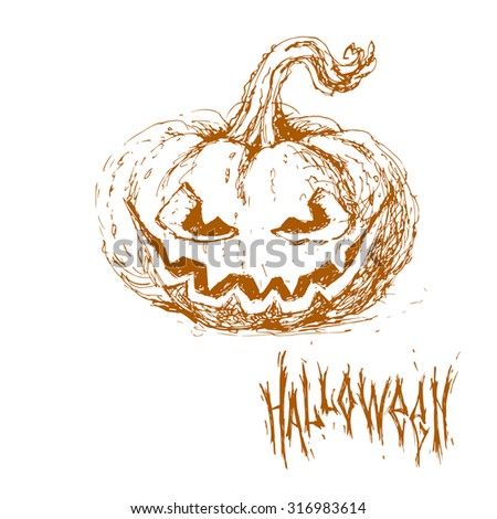 Hand drawn sketch of halloween pumpkin with terrible face isolated on white background. Halloween lettering. Vector vintage line art illustration. Decorative element for your happy halloween design.
