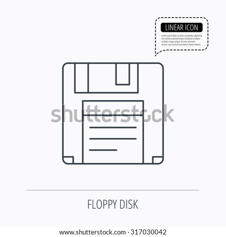 Floppy disk icon. Retro data storage sign. Linear outline icon. Speech bubble of dotted line. Vector