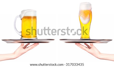 Waitresses holding tray with light beer isoalted on white background