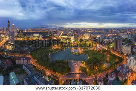 Hanoi skyline cityscape at twilight period. Cau Giay park, west of Hanoi Royalty-Free Stock Photo #317072030