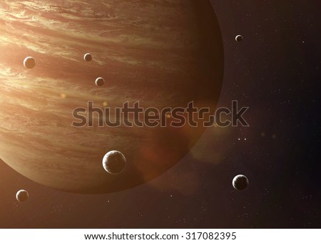 Colorful picture represents Jupiter and its moons. Elements of this image furnished by NASA.
