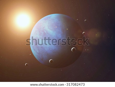 Colorful picture represents Neptune and its moons. Elements of this image furnished by NASA.