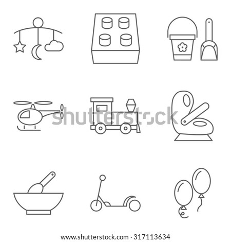 Baby thin line related  icon setfor web and mobile applications. Set includes - bed carousel, building kit, pail and shovel, helicopter, baby seat, food, scooter, air ballon. 