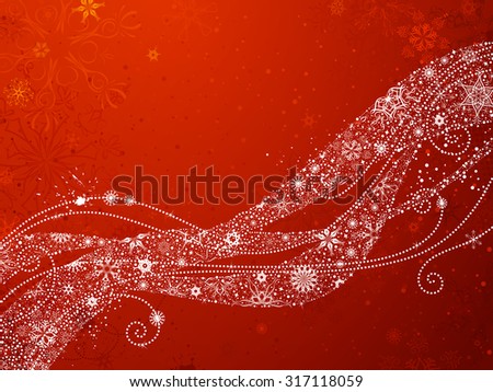 Red Christmas Snowflakes Background. Ornate waves of vintage snowflakes on red background. There is copy space for your text. 