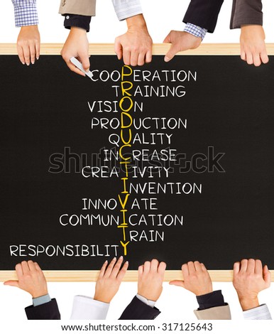 Photo of business hands holding blackboard and writing PRODUCTIVITY concept