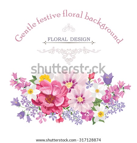 Floral frame with summer flowers. Floral bouquet with rose, narcissus, carnation, lilac and wildflower. Vintage Greeting Card with flowers. Watercolor flourish border. Floral background. Royalty-Free Stock Photo #317128874