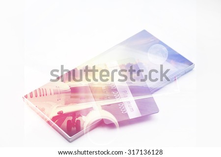 Double exposure: credit card on smartphone and aircraft. Business and travel concept. Vintage style filtered picture