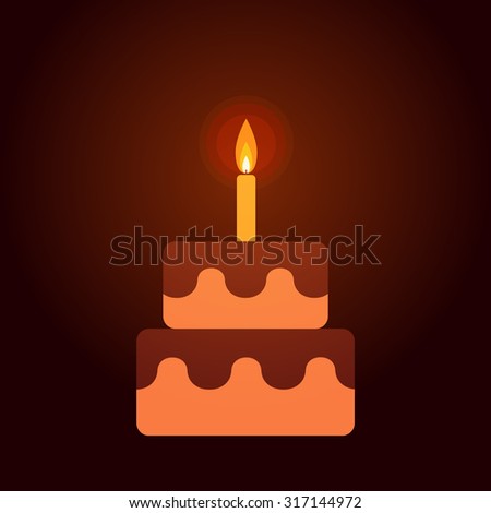 Birthday cake with candle made in flat style. Vector background