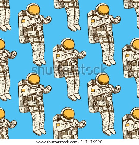 Sketch astronaut in vintage style, vector seamless pattern