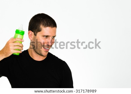 Close-up of happy caucasian man looking down - conceptual image isolated on white background with copyspace