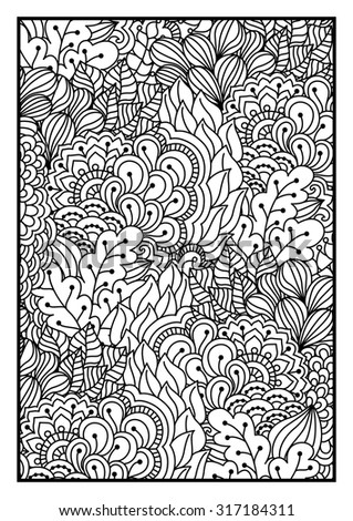 Pattern for coloring book. Black and white background with floral, ethnic, hand drawn elements for design. Vector illustration.