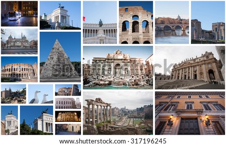 Postcard collage from Rome, Italy. The main attractions