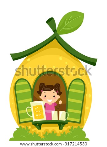 Stickman Illustration of a Little Girl Living in a Lemon Shaped House