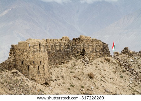 Yamchun Fort is the most visually prominent historic site in the Wakhan Valley in Gorno-Badakhshan Autonomous Province, Tajikistan. The mountains in the distance are in Afghanistan and Hindukush. 