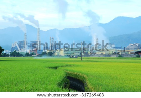 Industrial chimneys of a chemical factory in the middle of a green rice farmland emitting polluted air ~ Pipelines of a chemical factory polluting air on a silent morning ( environmental problems )