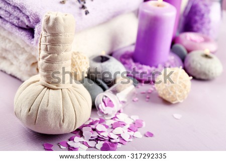 Spa treatments isolated on colorful background. Lavender spa concept