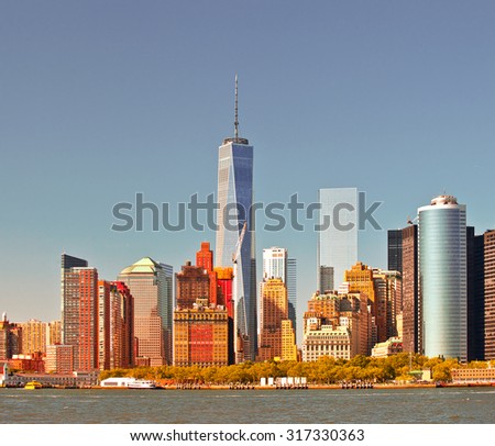 New York City USA, Manhattan business district skyline, Instagram color filter processing for vintage looks