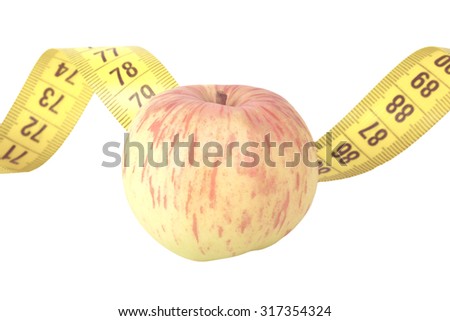 Yellow color centimeter with black figures for measurement of length and width and fresh season apple on a white background. Toned. Royalty-Free Stock Photo #317354324