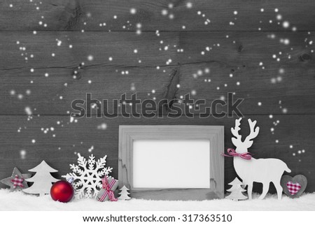 Black And White Christmas Decoration.Empty Picture Frame Reindeer Christmas Trees Snowflakes Red Ball On Snow. Christmas Card For Seasons Greetings.Copy Space For Advertisement. Wooden Background