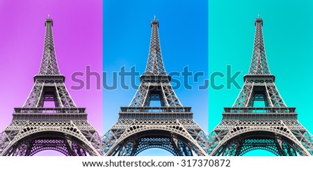 Unusual composite of 3 images of the Eiffel Tower in Paris. Very high resolution for prints and backgrounds