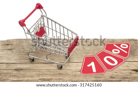 discount 10%, shopping cart on white background