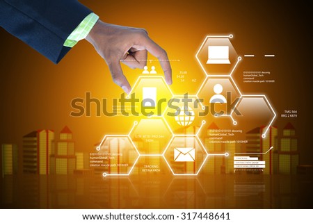 Man showing networking with virtual display in color background